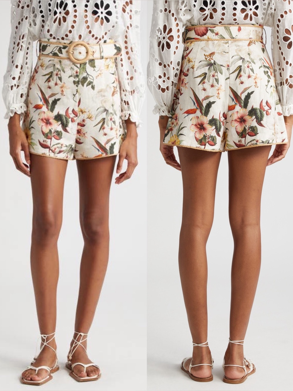 Zimmermann Lexi Belted Linen Shorts Raffia Trim Tropical Floral US 6 AU 1 NWOT